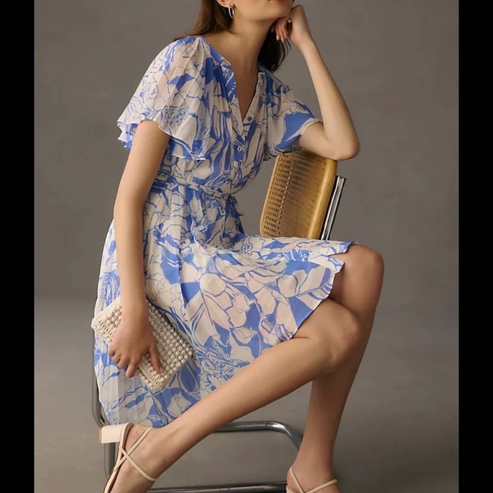 Anthropologie Blue and Cream Floral Midi Dress